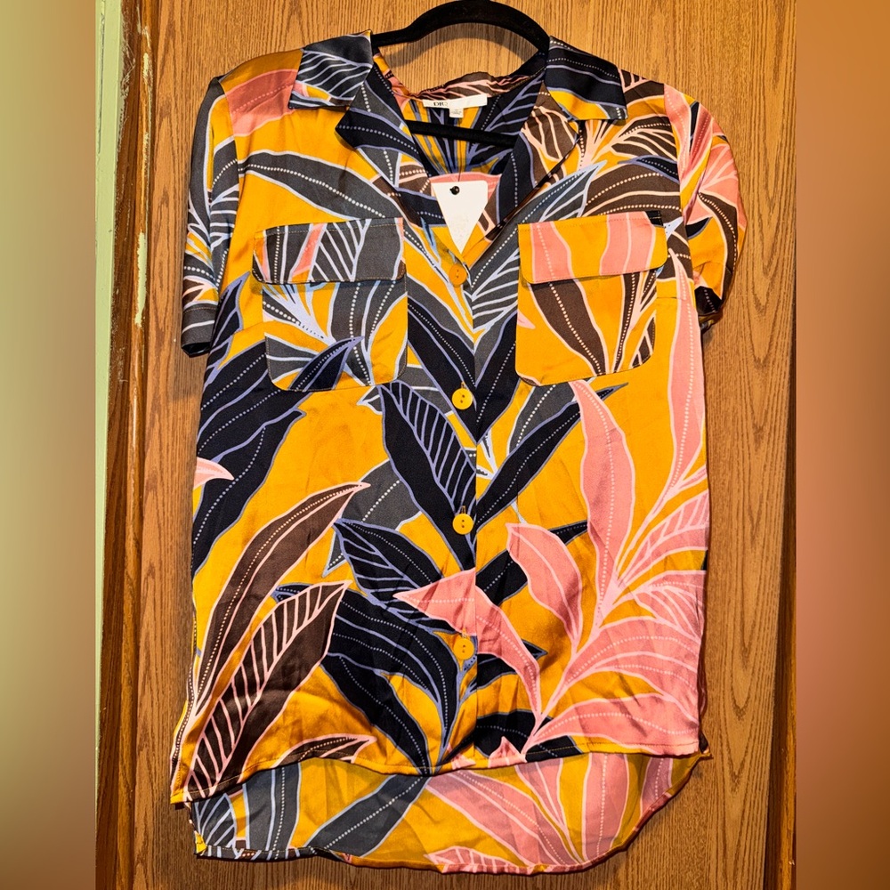DR2 by Daniel Rainn satin tropical button-up shirt in yellow and pink
